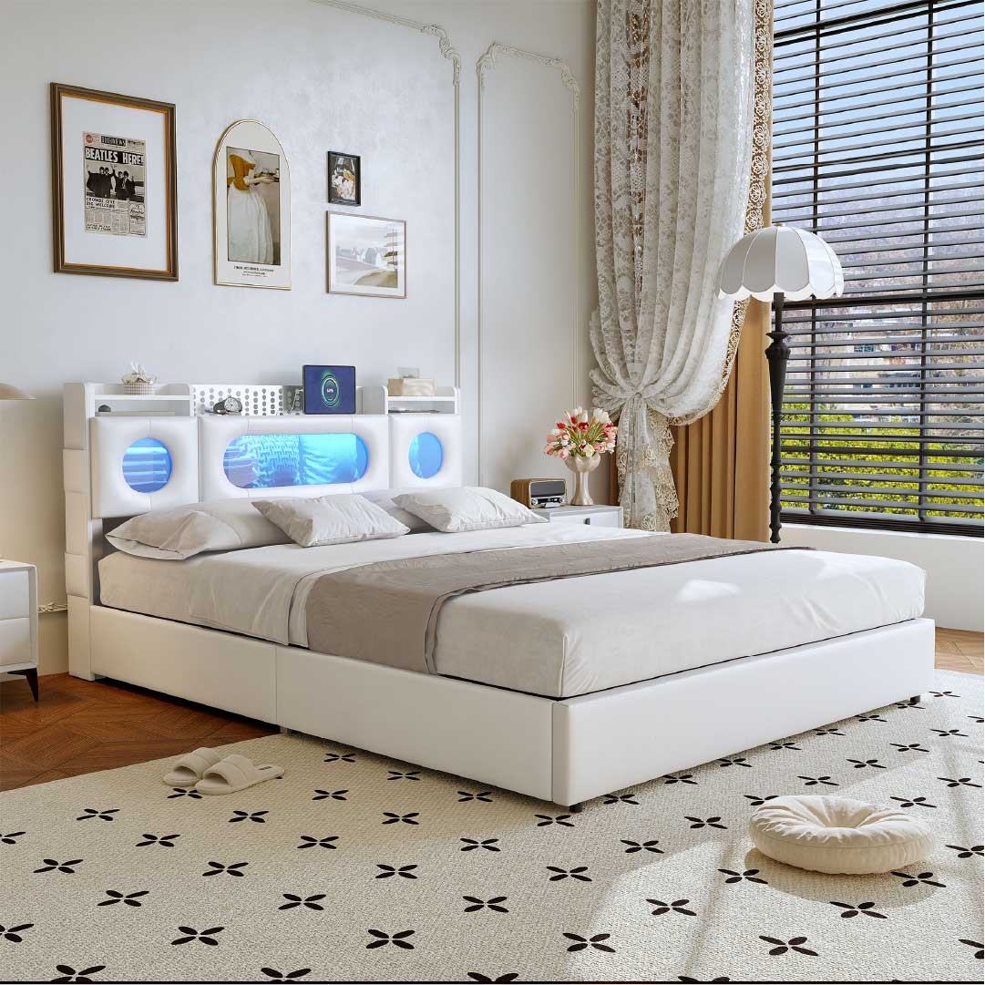 LED Polsterbett mit USB- und Type-C-Anschluss für modernes Schlafzimmer