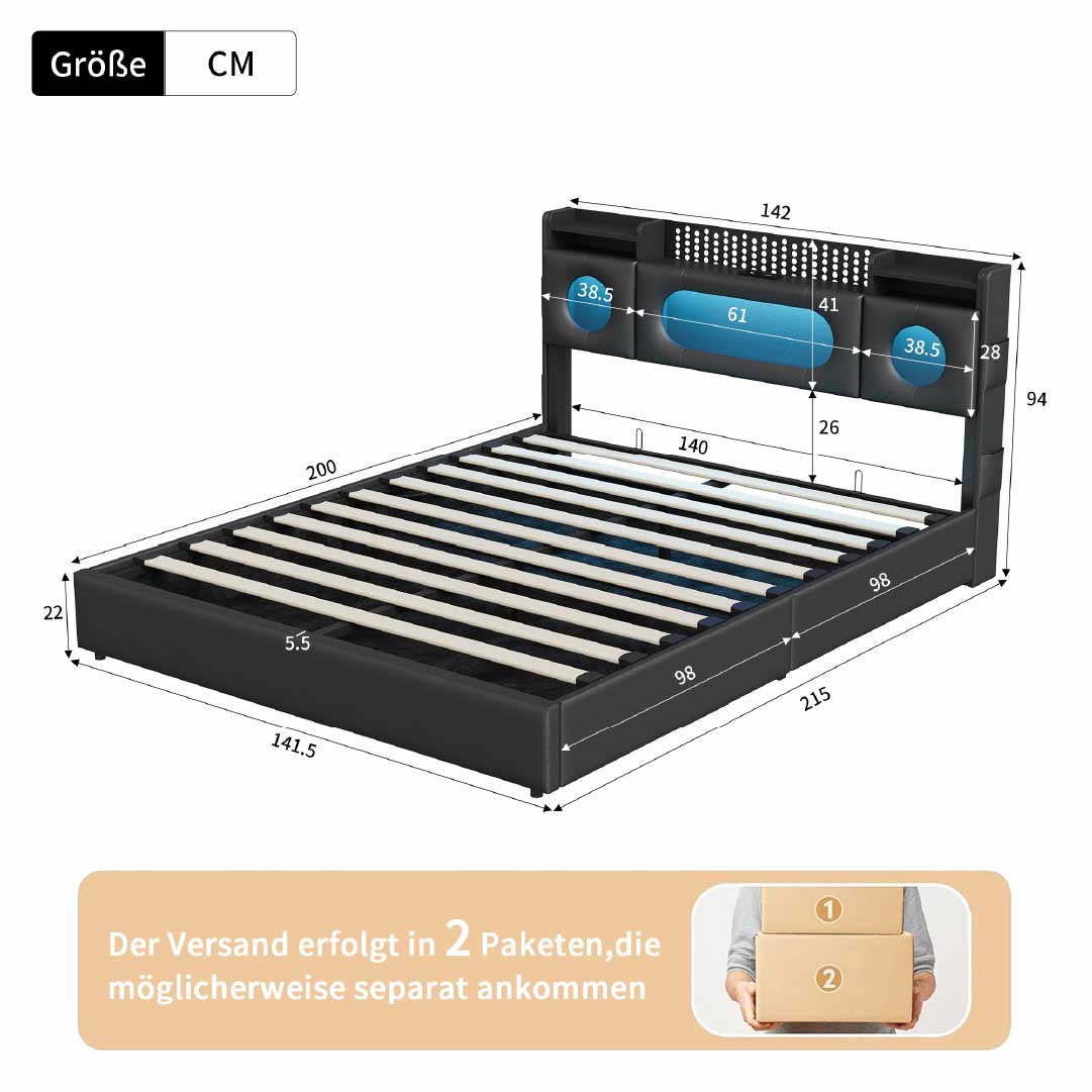 LED Polsterbett 140x200 cm mit Stauraum – Maße und Aufbau