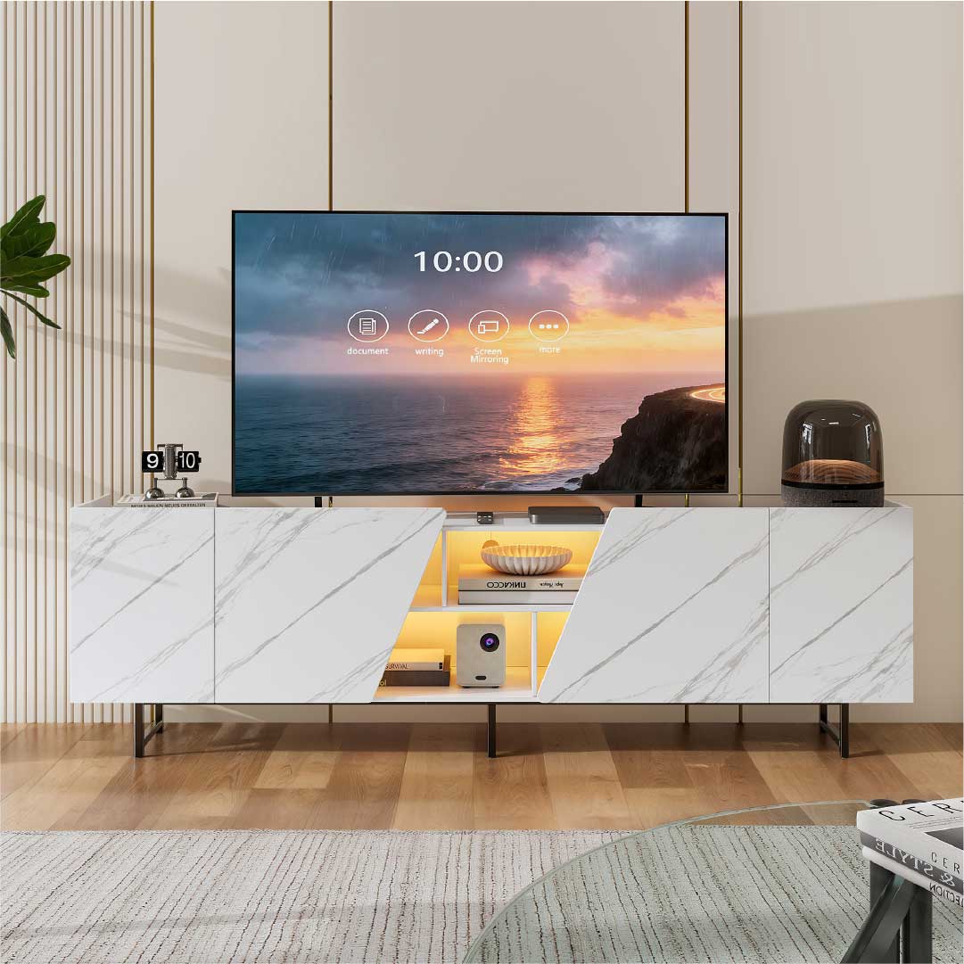 YELENARO TV-bänk 220 cm med LED – Vit marmorlook