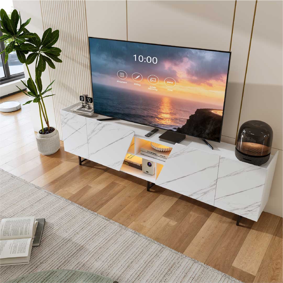 YELENARO TV-bänk 220 cm med LED – Vit marmorlook