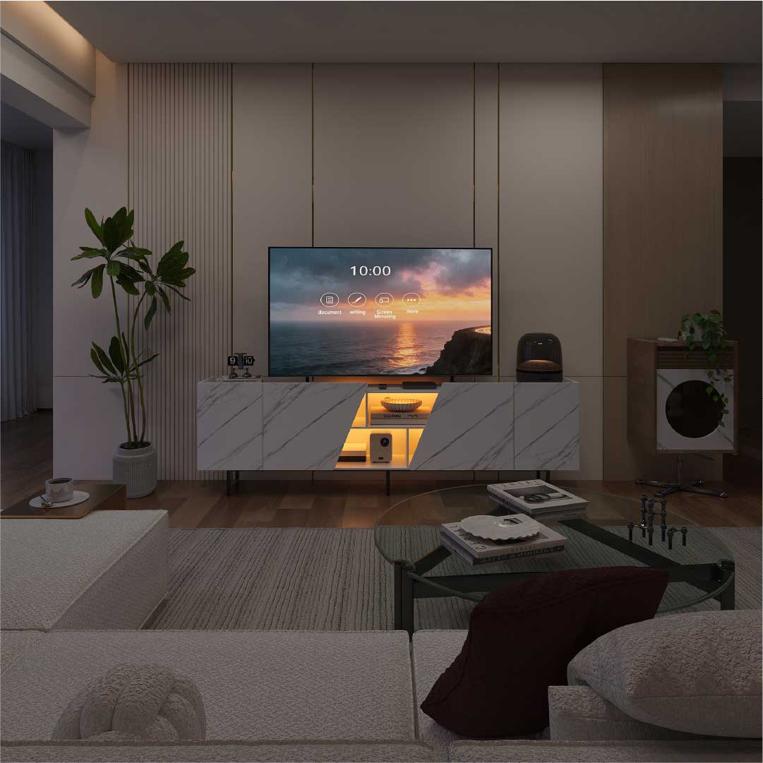YELENARO TV-bänk 220 cm med LED – Vit marmorlook