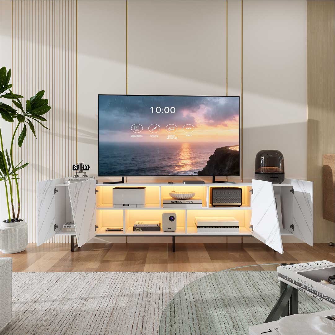 YELENARO TV-bänk 220 cm med LED – Vit marmorlook