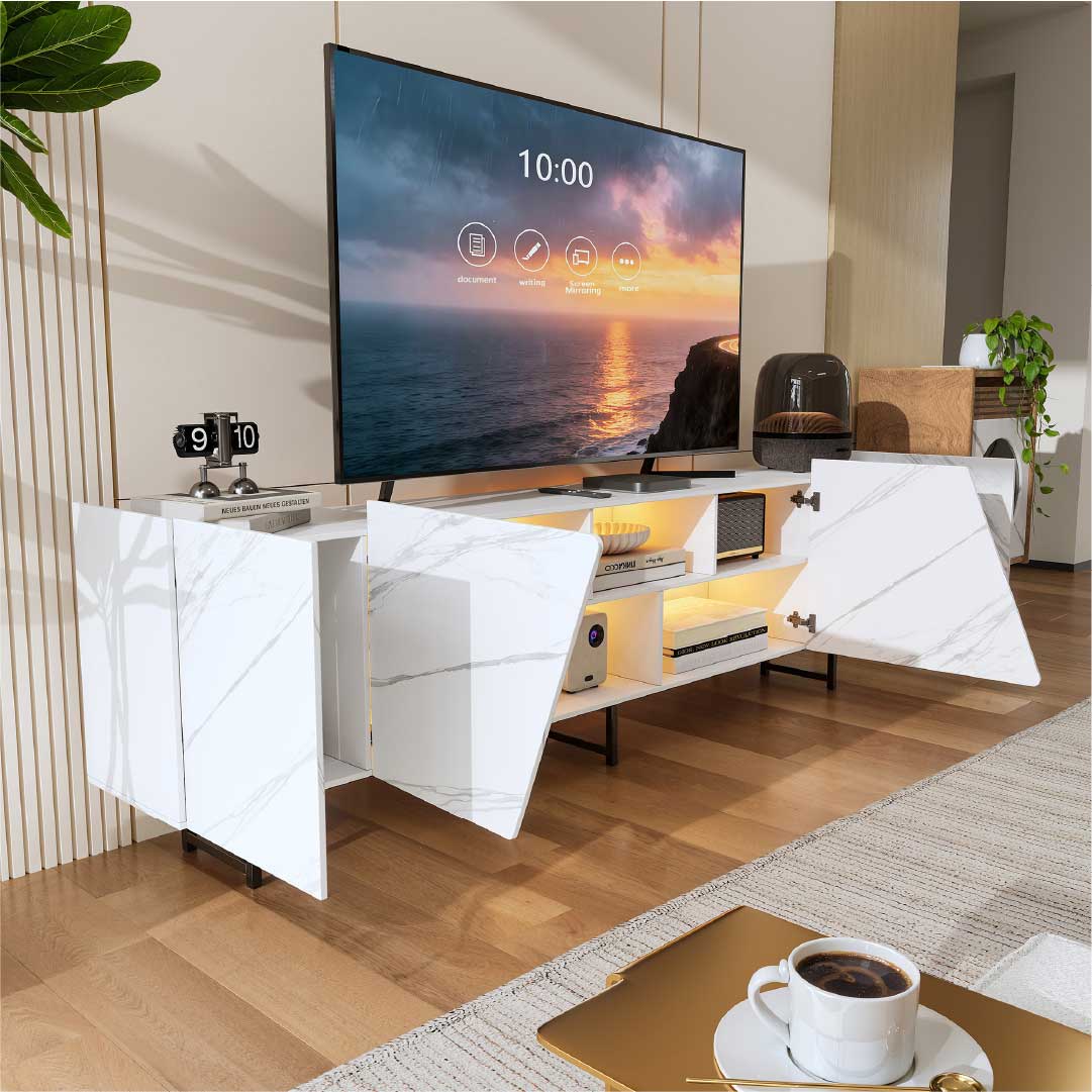 YELENARO TV-bänk 220 cm med LED – Vit marmorlook