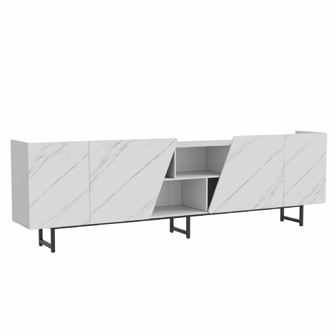 YELENARO TV-bänk 220 cm med LED – Vit marmorlook