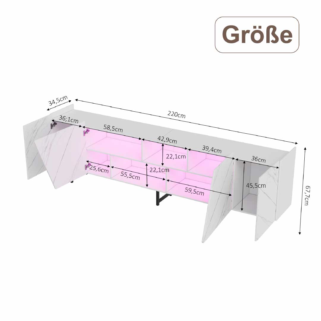 YELENARO TV-bänk 220 cm med LED – Vit marmorlook