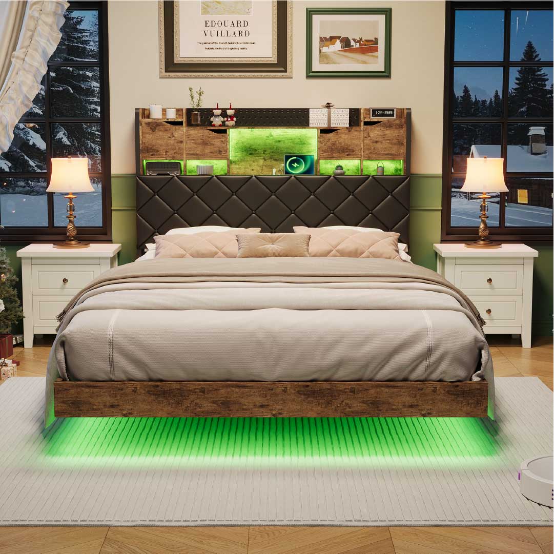 YELENARO svävande säng 140/160x200 cm med LED & USB – industrisäng med förvaring