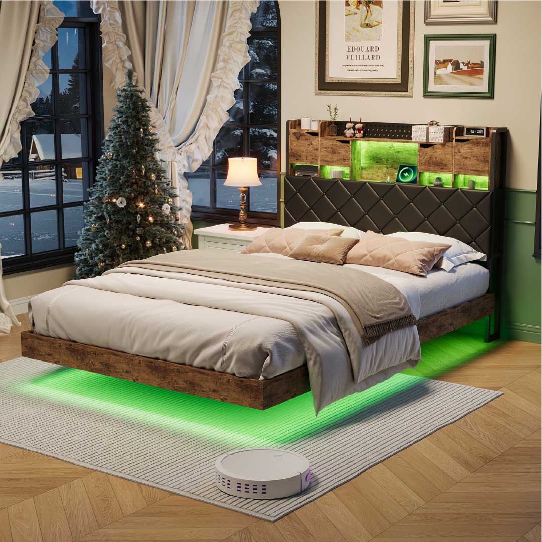 YELENARO svävande säng 140/160x200 cm med LED & USB – industrisäng med förvaring