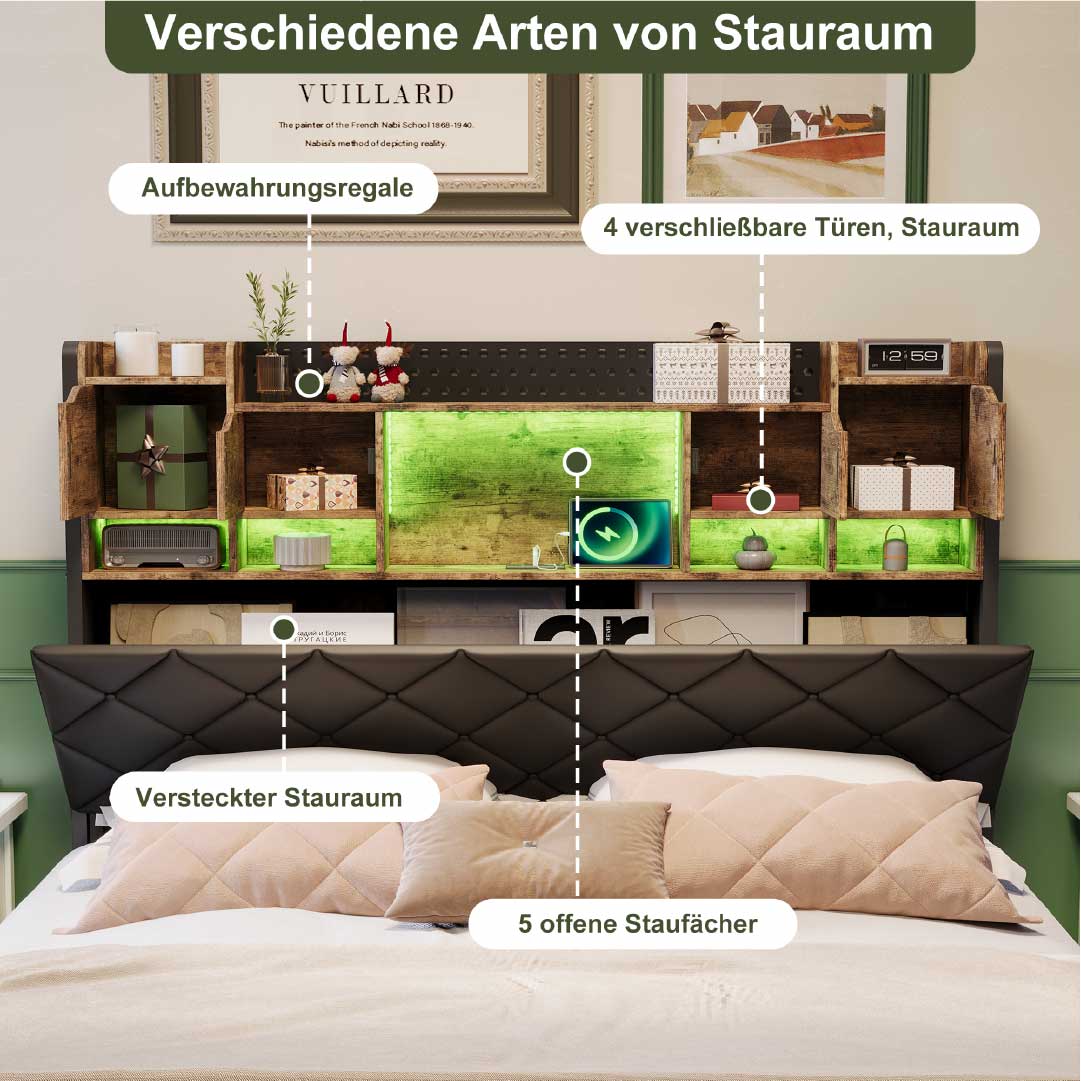 YELENARO svävande säng 140/160x200 cm med LED & USB – industrisäng med förvaring