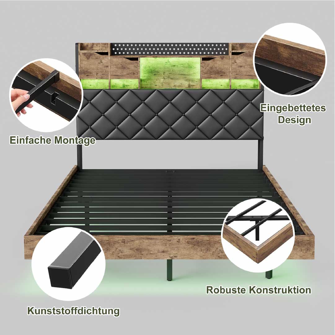 YELENARO svävande säng 140/160x200 cm med LED & USB – industrisäng med förvaring