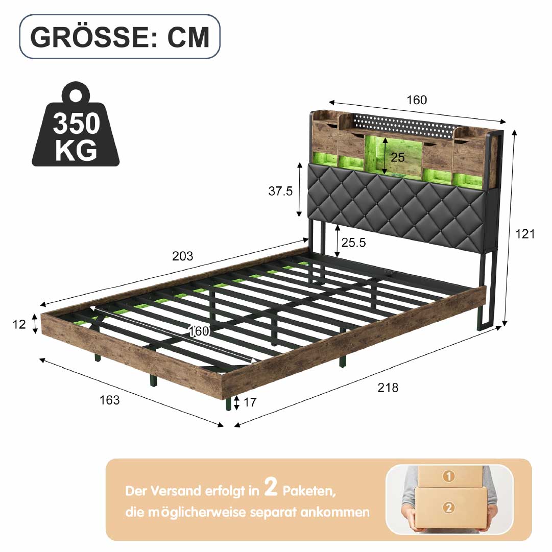YELENARO svävande säng 140/160x200 cm med LED & USB – industrisäng med förvaring
