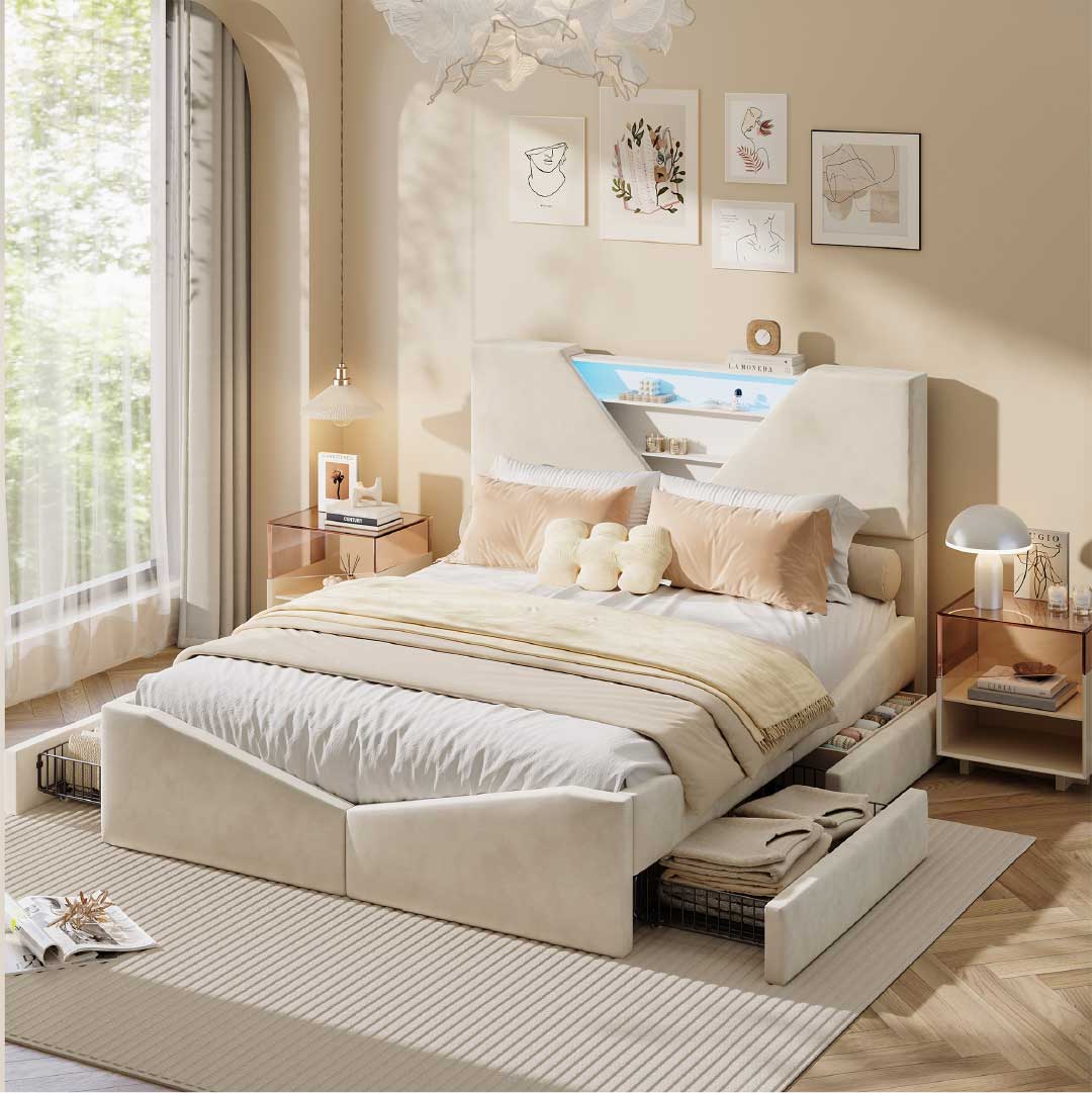 YELENARO Vadderad säng med LED & förvaring – 140/160x200 cm