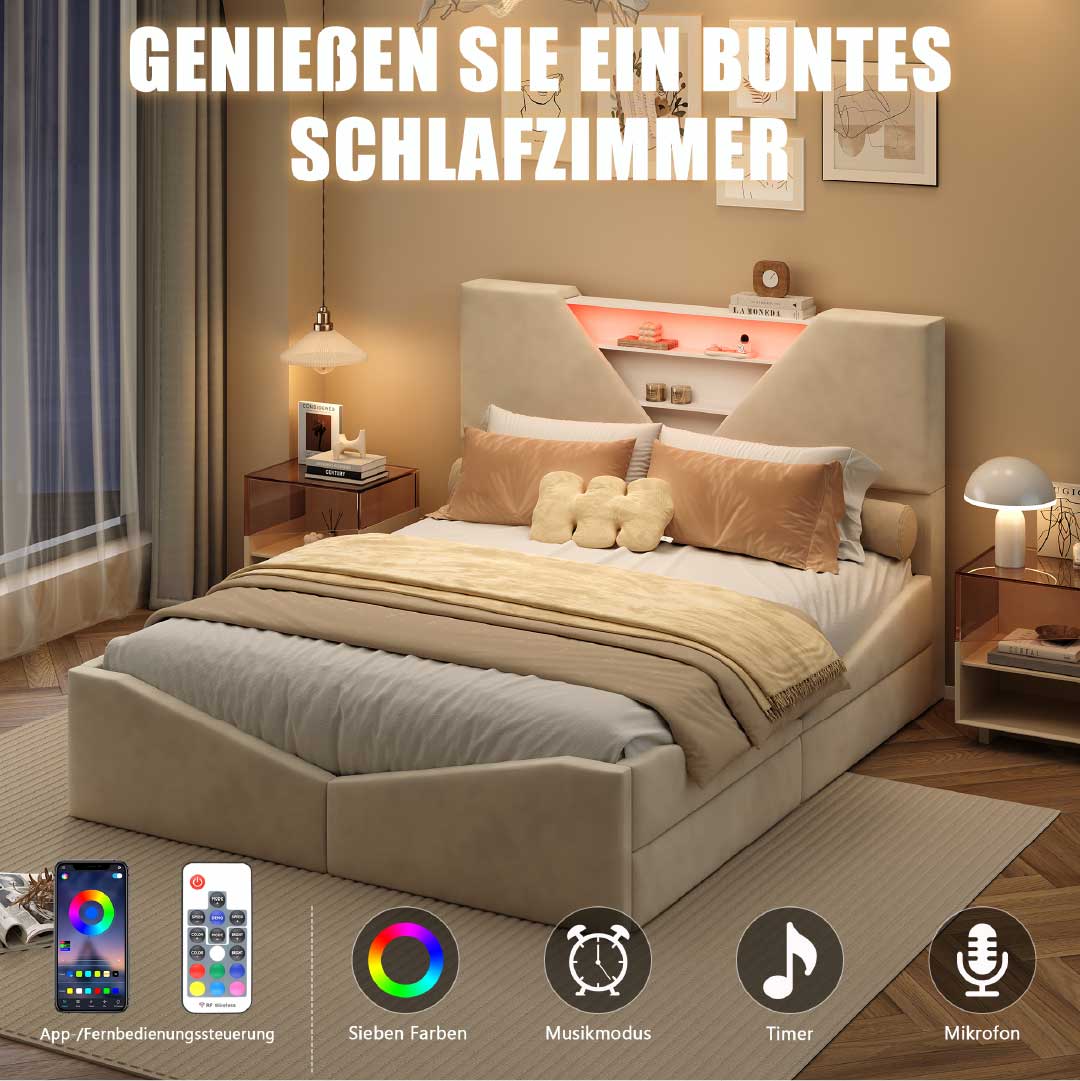 YELENARO Vadderad säng med LED & förvaring – 140/160x200 cm