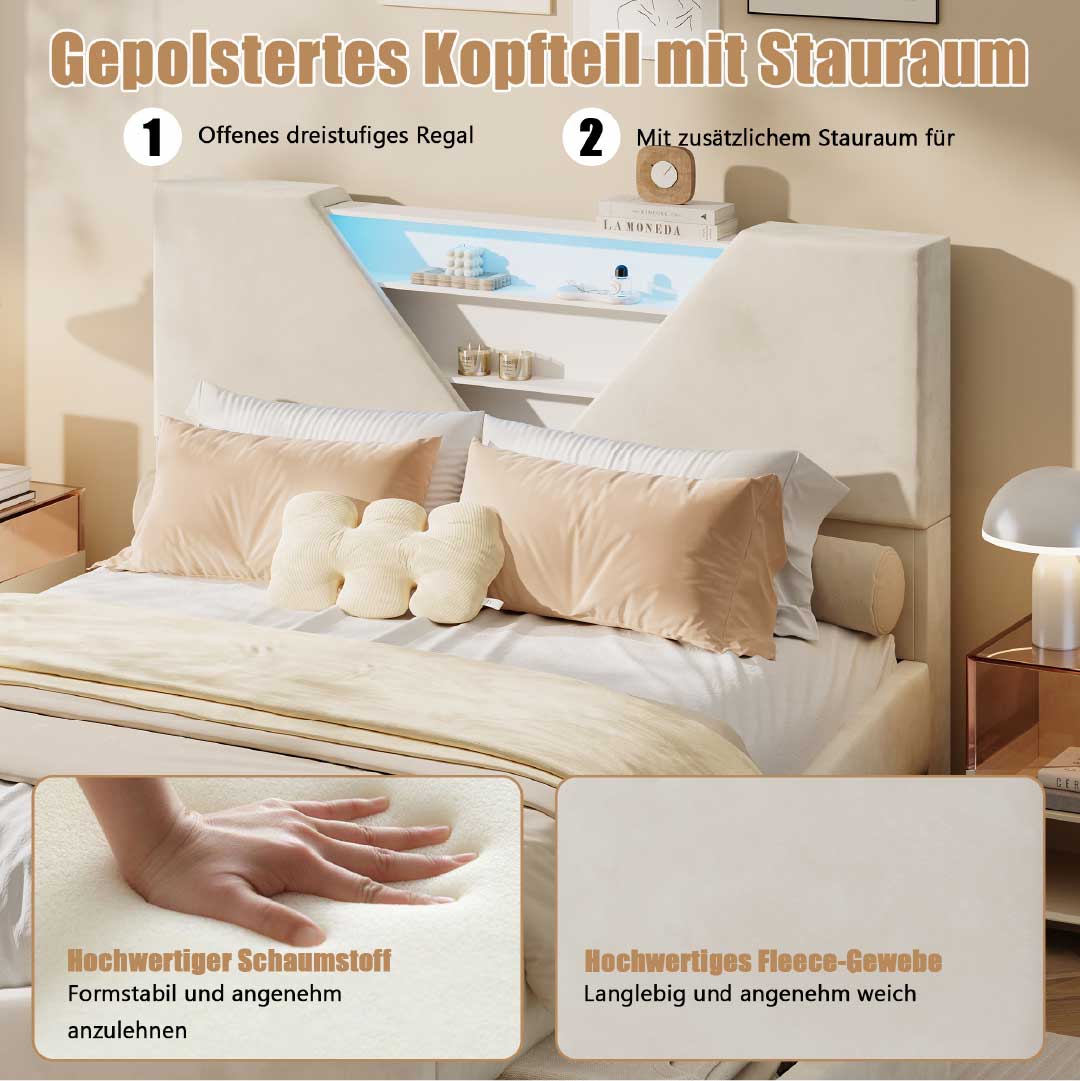 YELENARO Vadderad säng med LED & förvaring – 140/160x200 cm