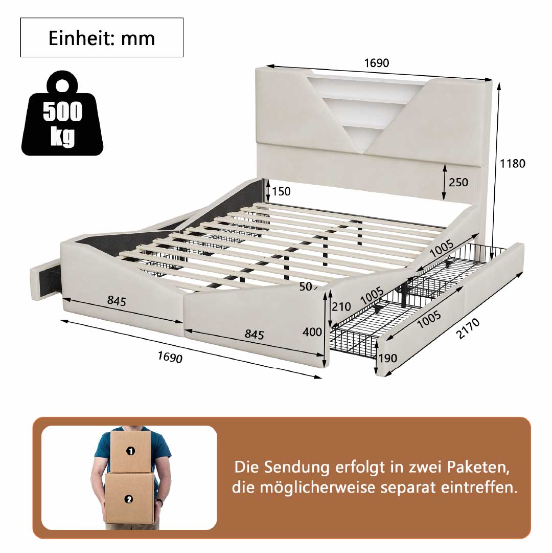 YELENARO Vadderad säng med LED & förvaring – 140/160x200 cm