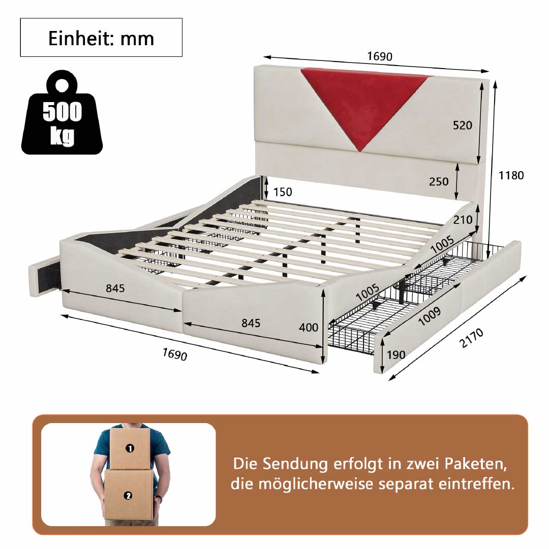 YELENARO Förvaringssäng 140/160x200 cm med 4 lådor och stoppad gavel