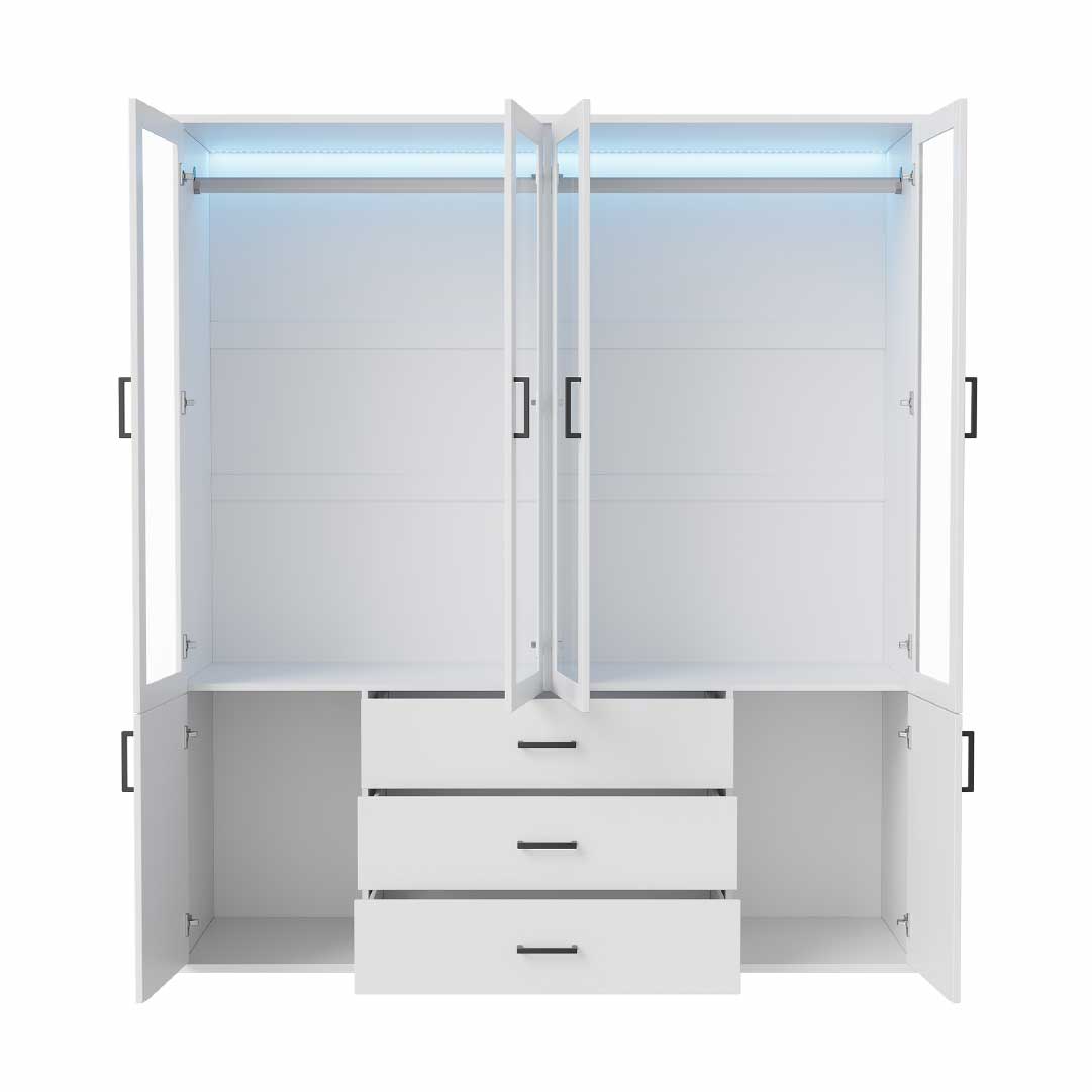 Yelenaro Stor garderob 160 cm med LED & glas – 6 dörrar & 3 lådor, gott om förvaring Vit