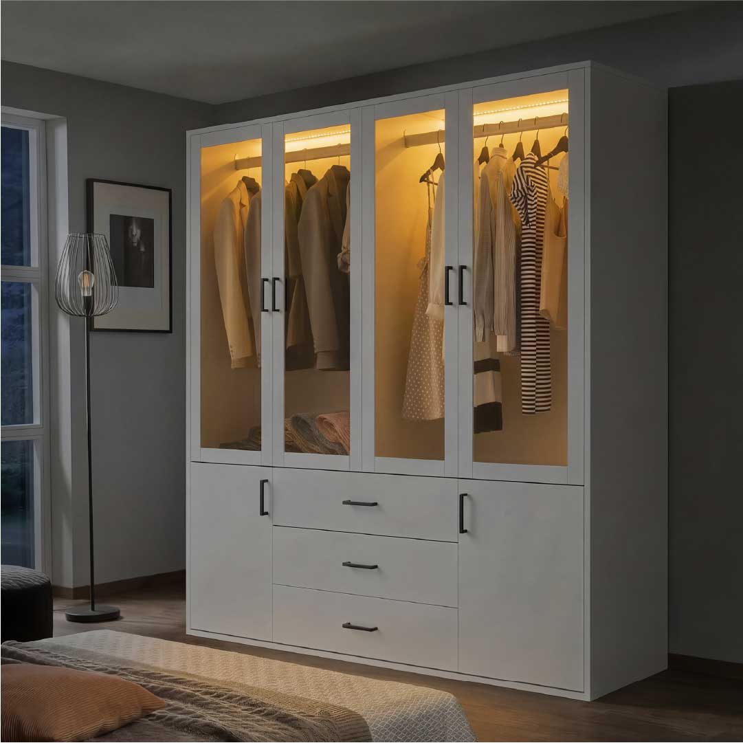 Yelenaro Stor garderob 160 cm med LED & glas – 6 dörrar & 3 lådor, gott om förvaring Vit