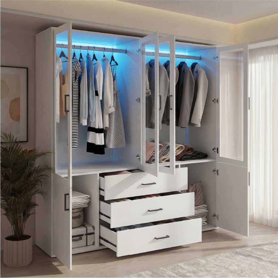 Yelenaro Stor garderob 160 cm med LED & glas – 6 dörrar & 3 lådor, gott om förvaring Vit