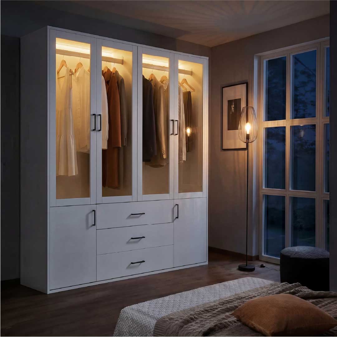 Yelenaro Stor garderob 160 cm med LED & glas – 6 dörrar & 3 lådor, gott om förvaring Vit