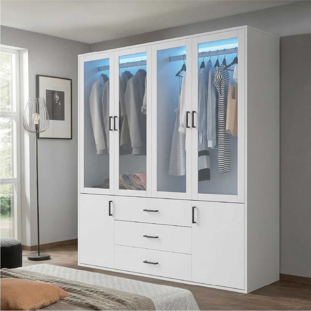 Yelenaro Stor garderob 160 cm med LED & glas – 6 dörrar & 3 lådor, gott om förvaring Vit
