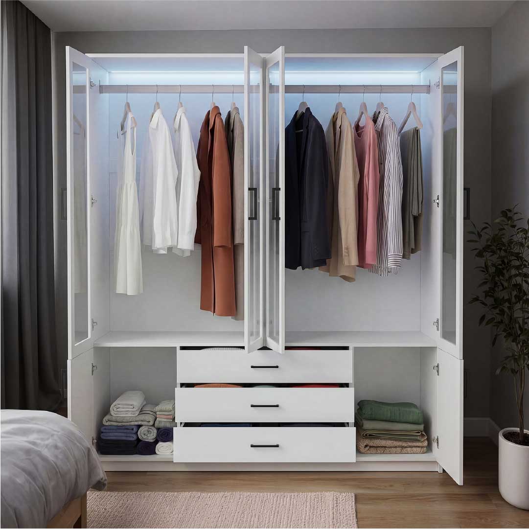 Yelenaro Stor garderob 160 cm med LED & glas – 6 dörrar & 3 lådor, gott om förvaring Vit