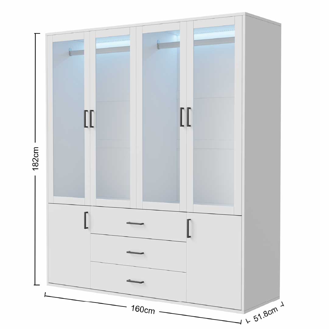 Yelenaro Stor garderob 160 cm med LED & glas – 6 dörrar & 3 lådor, gott om förvaring Vit
