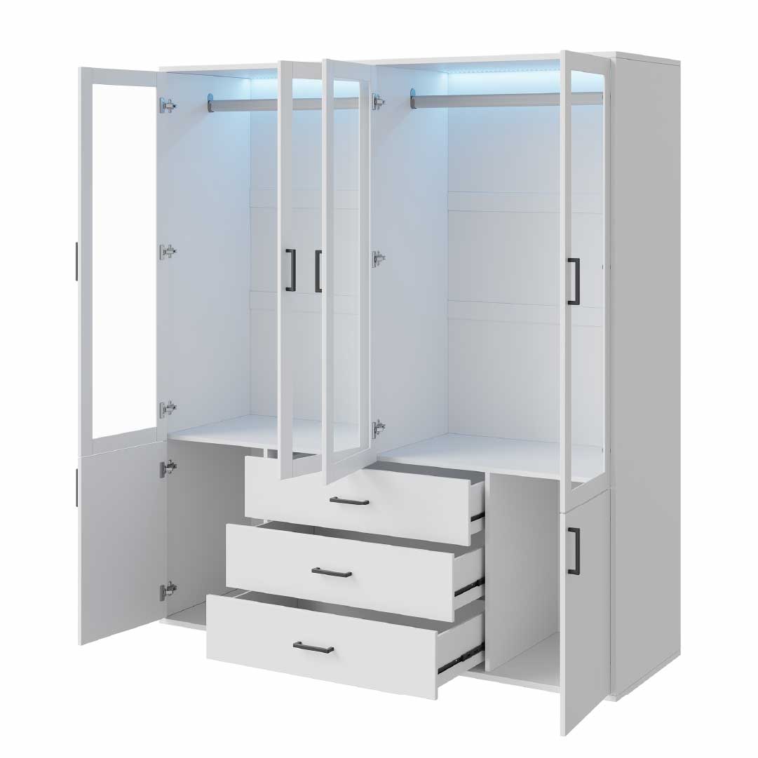 Yelenaro Stor garderob 160 cm med LED & glas – 6 dörrar & 3 lådor, gott om förvaring Vit
