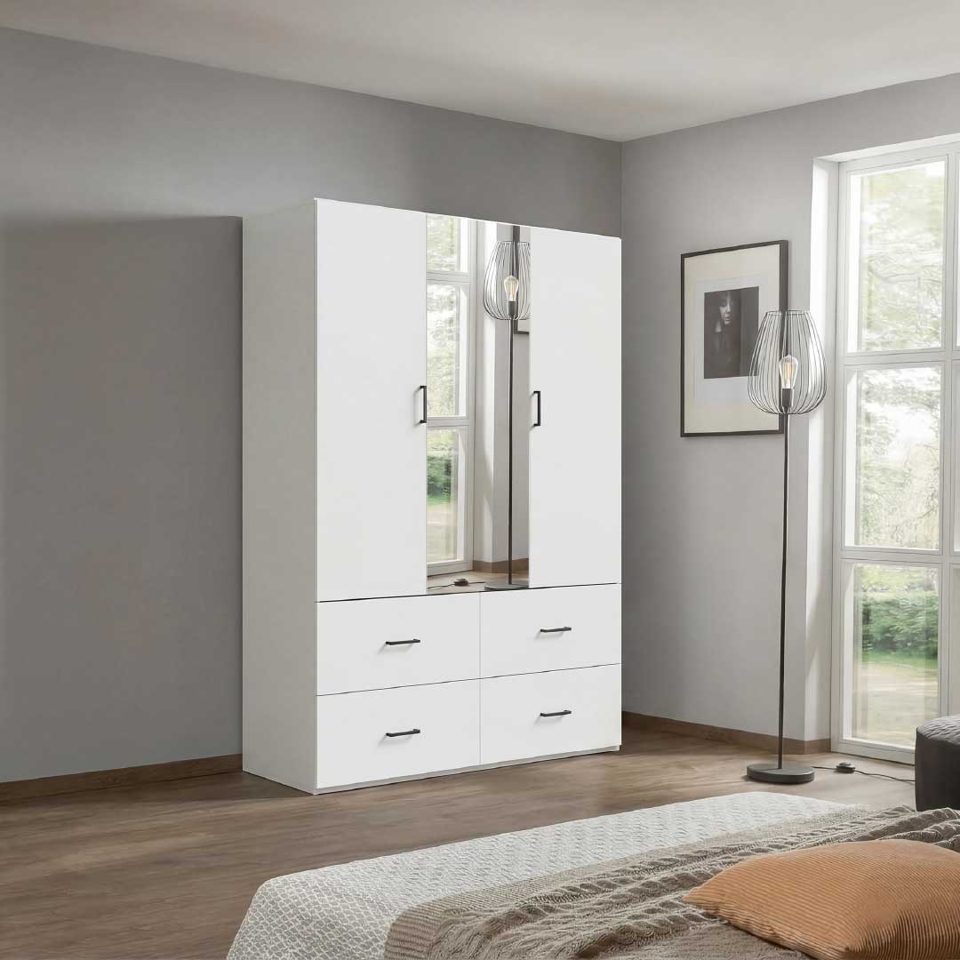 Yelenaro Garderob med spegel 130 cm – 2 dörrar & 4 lådor, platsbesparande vit vridklädsgarderob