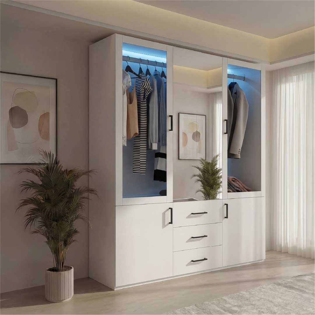 Yelenaro garderob med LED & glas 130 cm – 4 dörrar, spegel & lådor, modernt designskåp vit