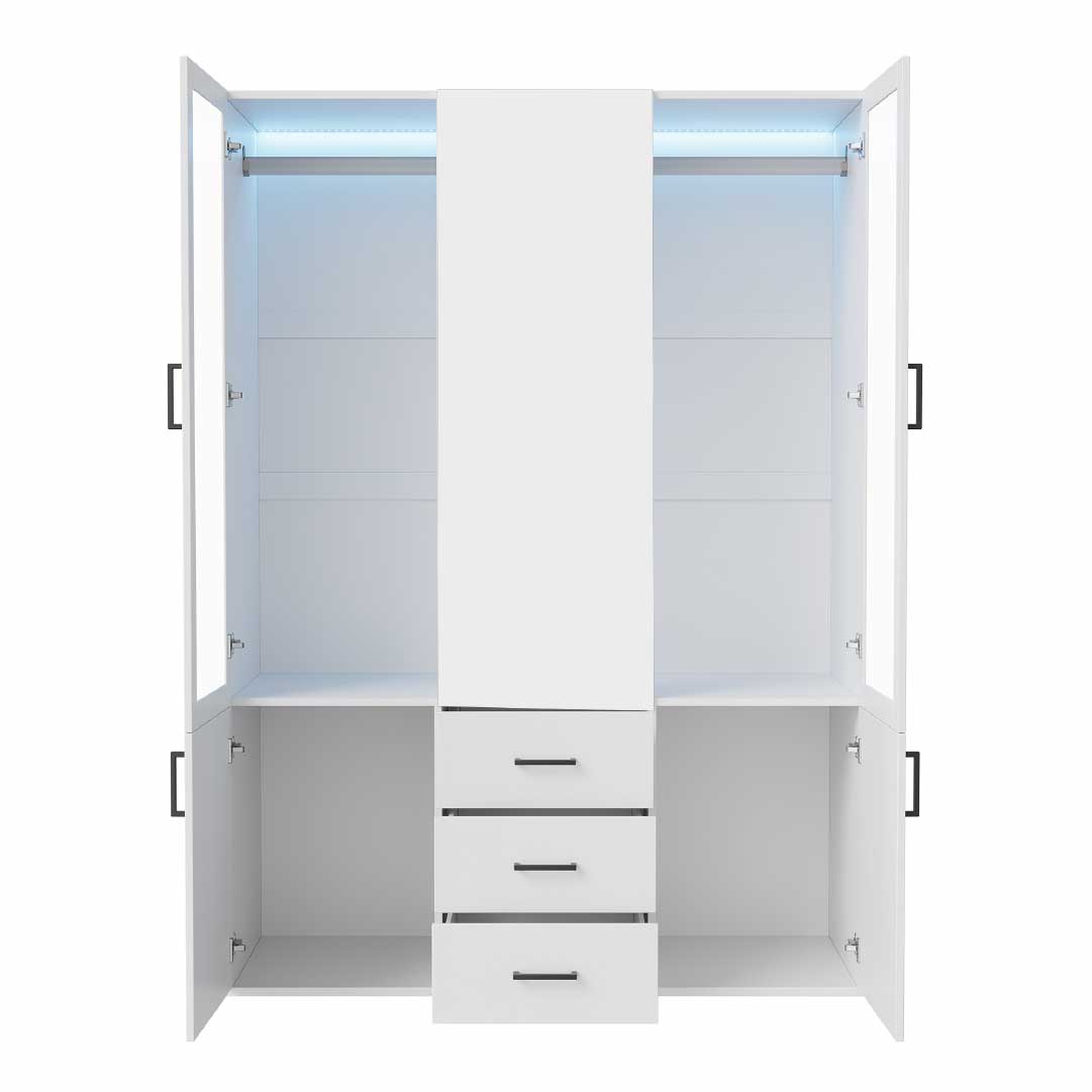 Yelenaro garderob med LED & glas 130 cm – 4 dörrar, spegel & lådor, modernt designskåp vit