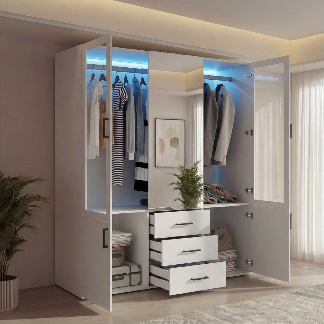 Yelenaro garderob med LED & glas 130 cm – 4 dörrar, spegel & lådor, modernt designskåp vit