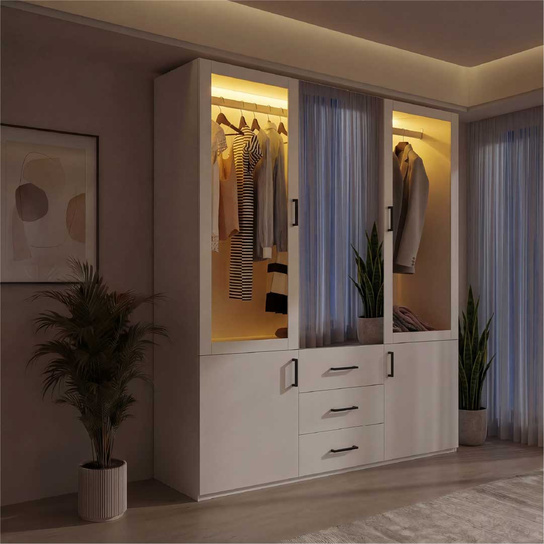 Yelenaro garderob med LED & glas 130 cm – 4 dörrar, spegel & lådor, modernt designskåp vit