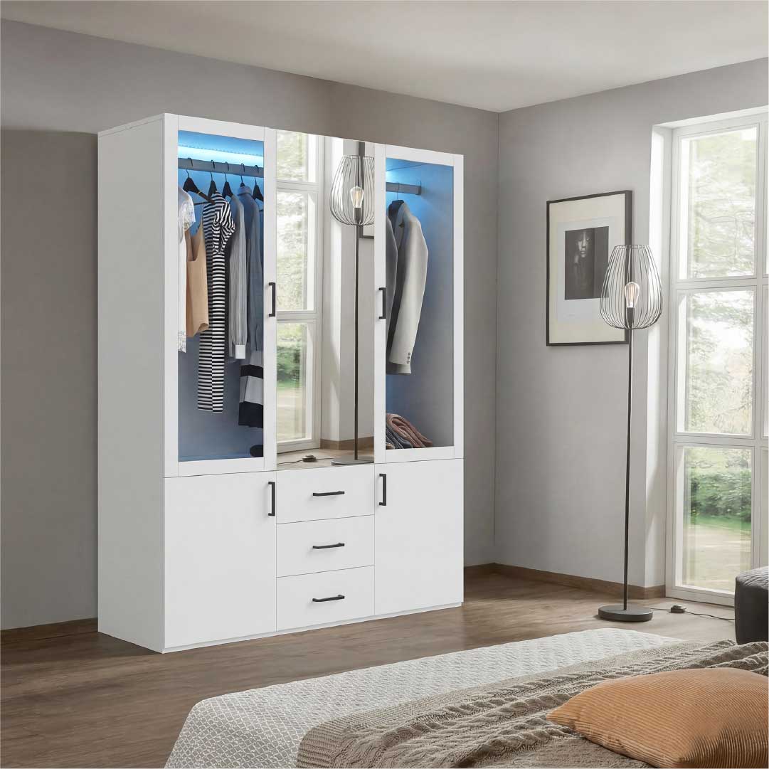 Yelenaro garderob med LED & glas 130 cm – 4 dörrar, spegel & lådor, modernt designskåp vit