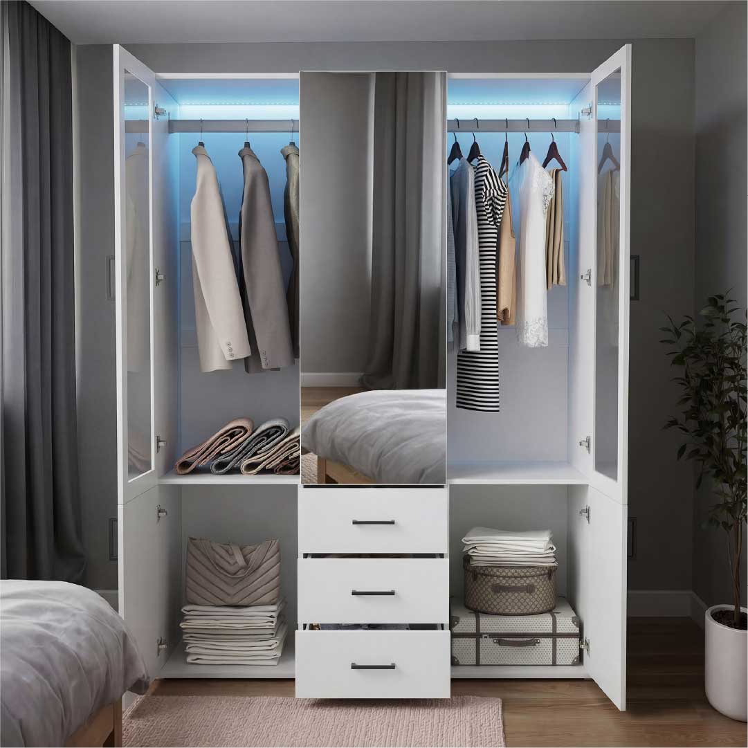 Yelenaro garderob med LED & glas 130 cm – 4 dörrar, spegel & lådor, modernt designskåp vit