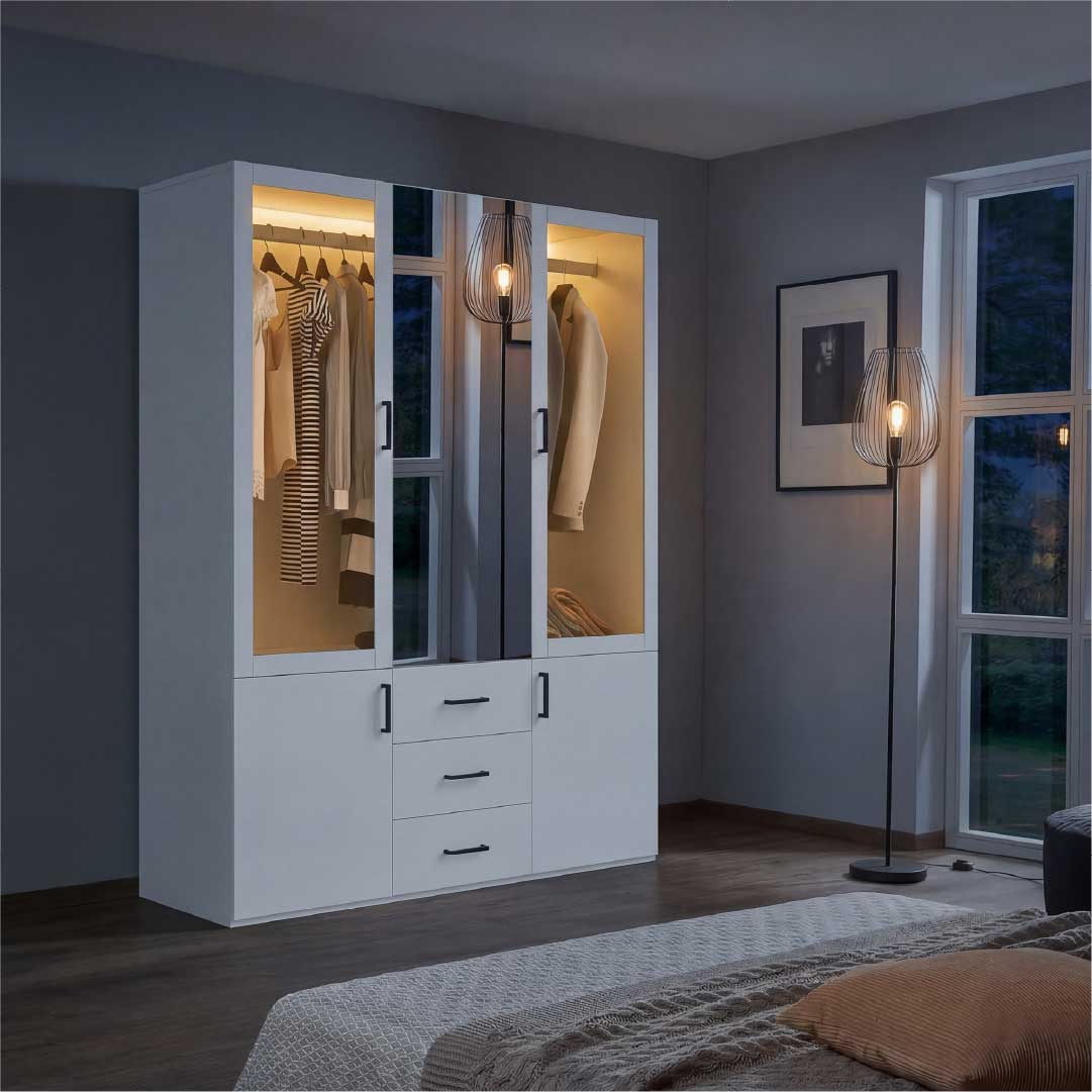 Yelenaro garderob med LED & glas 130 cm – 4 dörrar, spegel & lådor, modernt designskåp vit