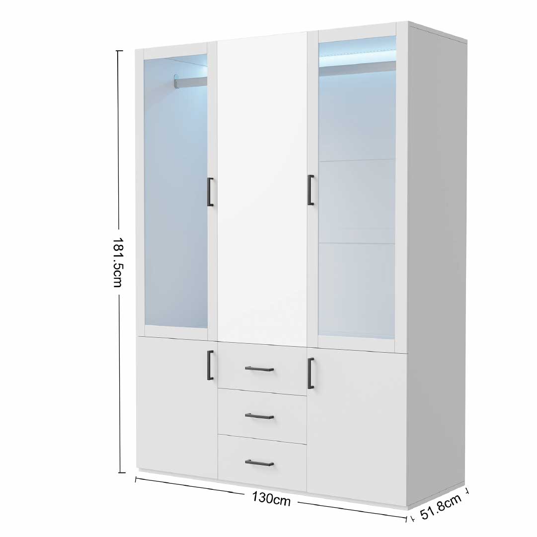 Yelenaro garderob med LED & glas 130 cm – 4 dörrar, spegel & lådor, modernt designskåp vit
