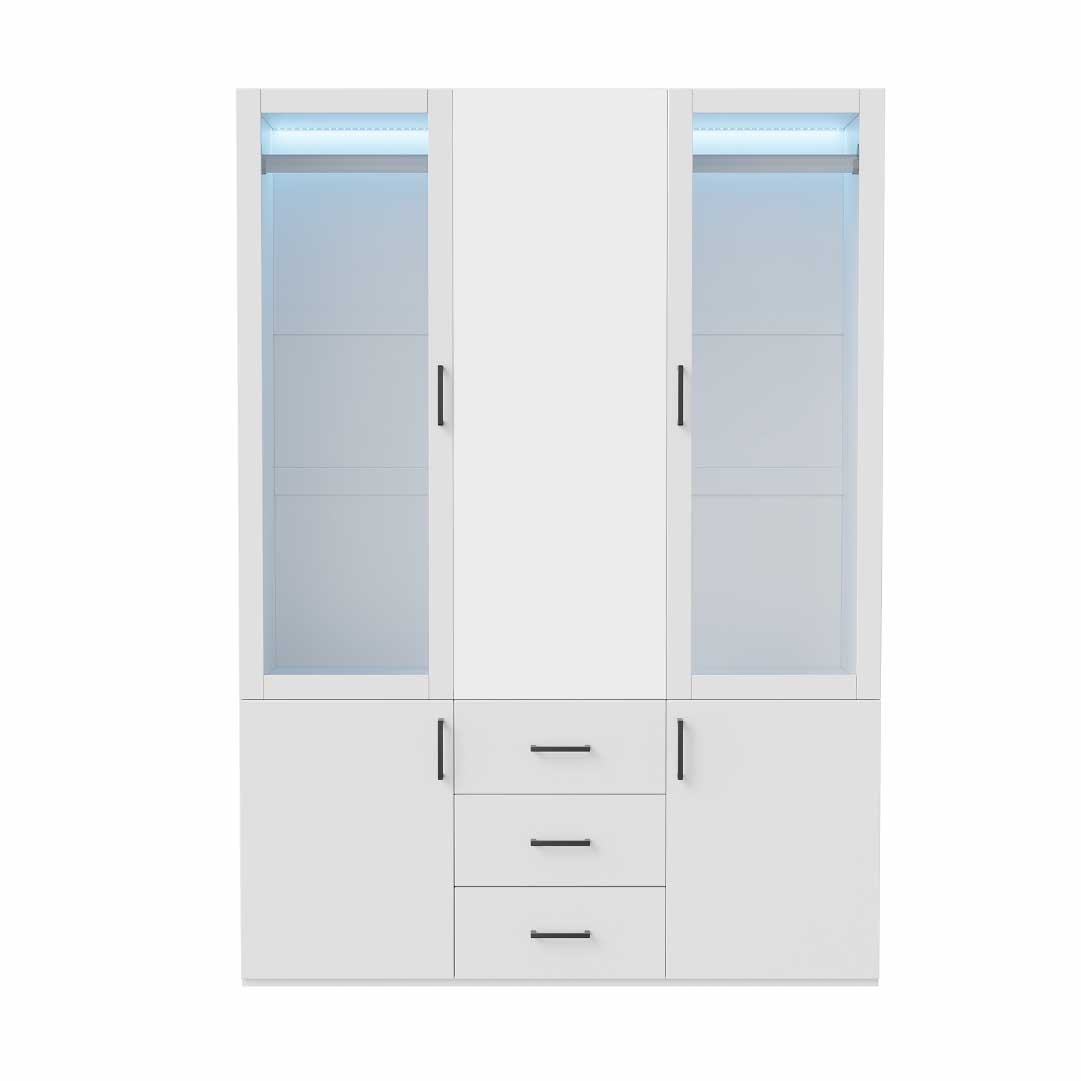 Yelenaro garderob med LED & glas 130 cm – 4 dörrar, spegel & lådor, modernt designskåp vit