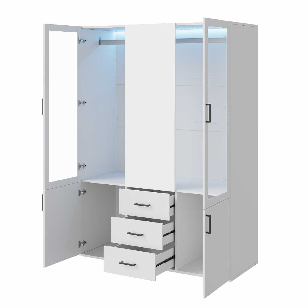 Yelenaro garderob med LED & glas 130 cm – 4 dörrar, spegel & lådor, modernt designskåp vit