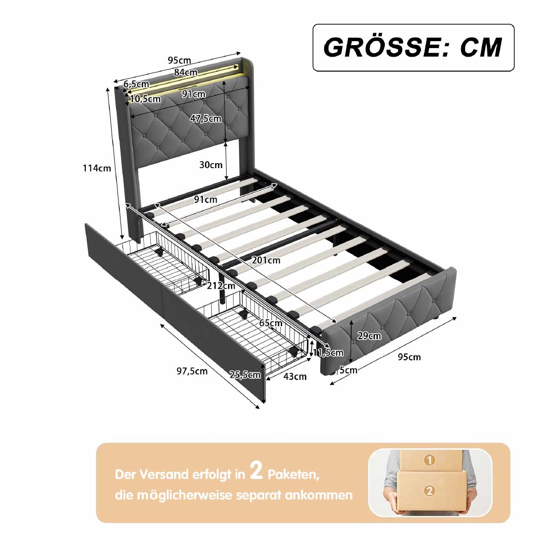 Yelenaro kontinentalsäng med 4 lådor & LED – Säng med USB/USB-C, 90x200 / 140x200 / 160x200
