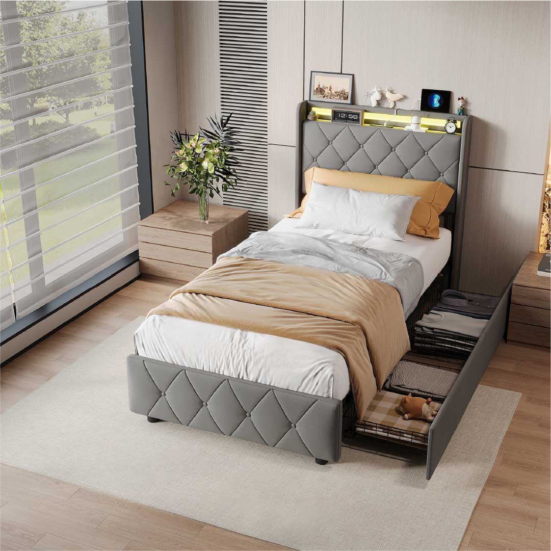 Yelenaro kontinentalsäng med 4 lådor & LED – Säng med USB/USB-C, 90x200 / 140x200 / 160x200