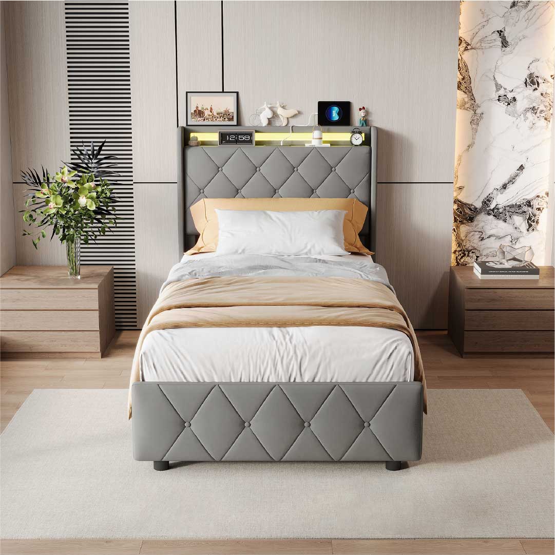 Yelenaro kontinentalsäng med 4 lådor & LED – Säng med USB/USB-C, 90x200 / 140x200 / 160x200