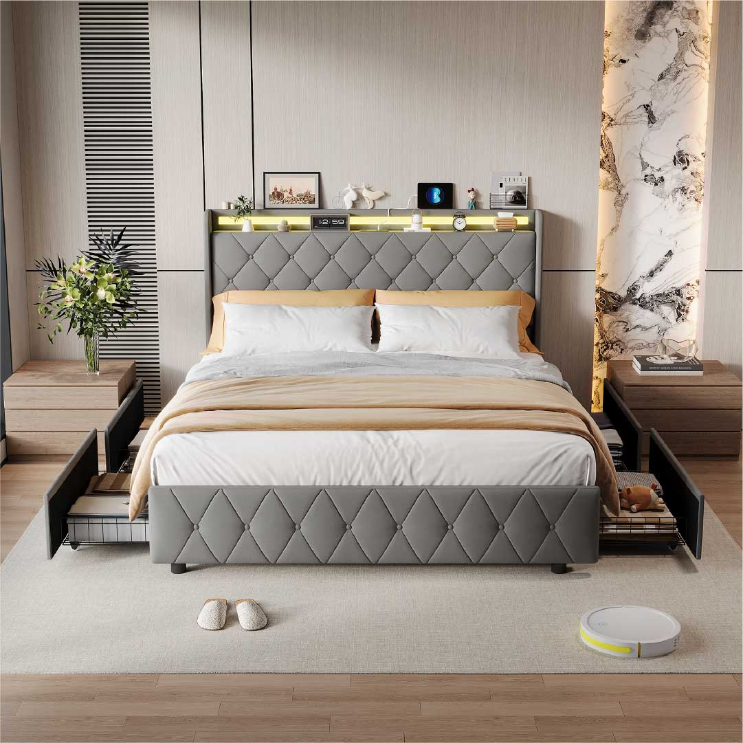 Yelenaro kontinentalsäng med 4 lådor & LED – Säng med USB/USB-C, 90x200 / 140x200 / 160x200