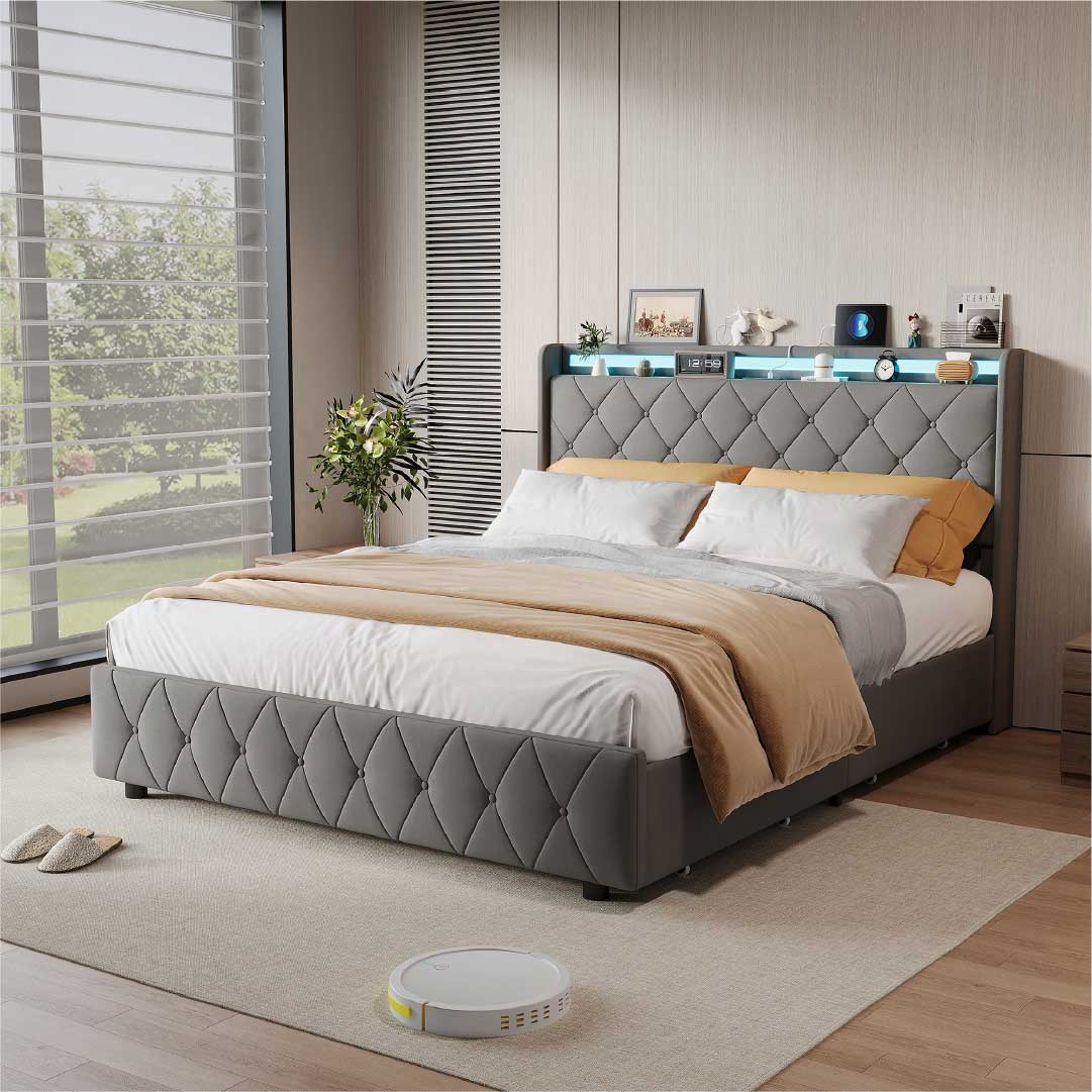 Yelenaro kontinentalsäng med 4 lådor & LED – Säng med USB/USB-C, 90x200 / 140x200 / 160x200