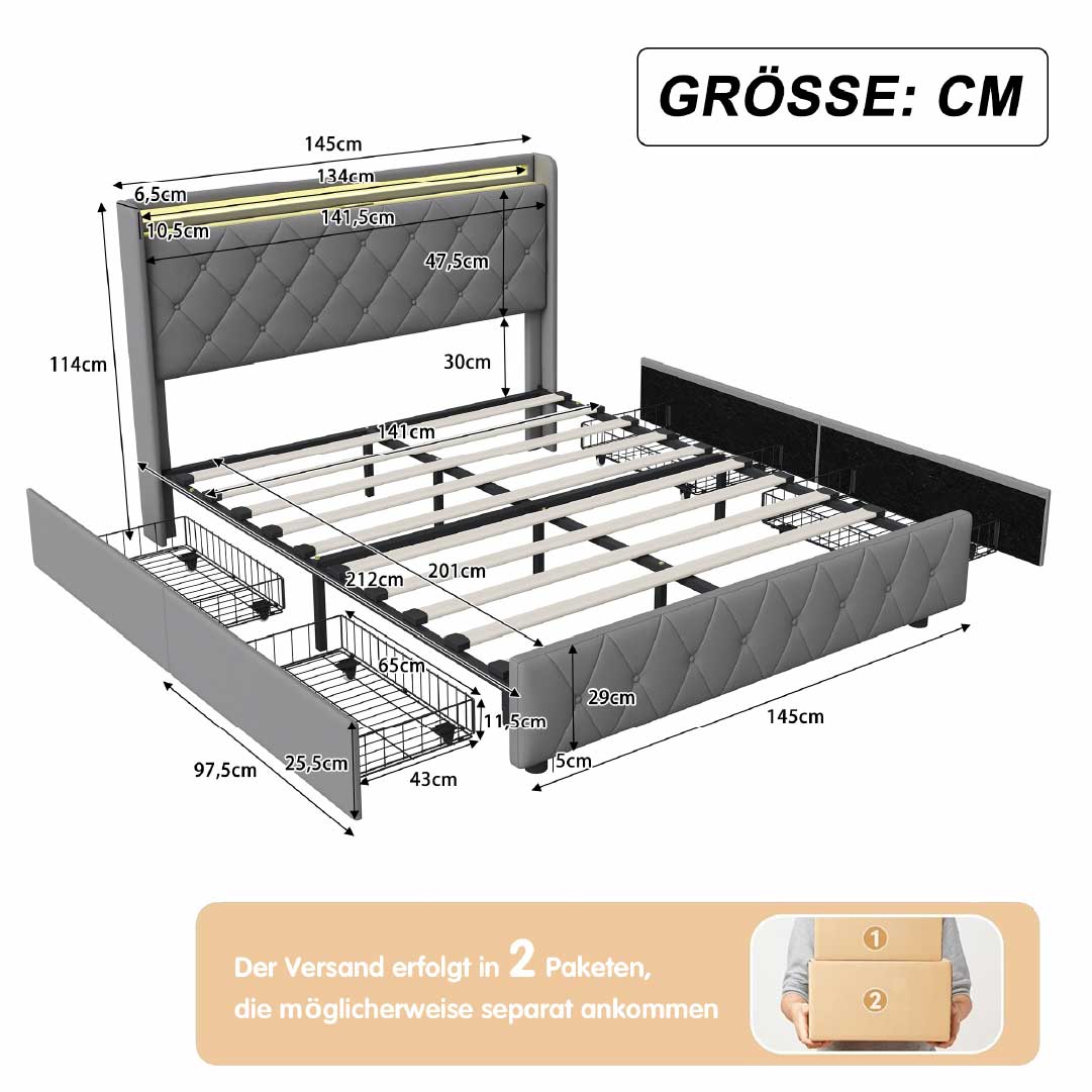 Yelenaro kontinentalsäng med 4 lådor & LED – Säng med USB/USB-C, 90x200 / 140x200 / 160x200
