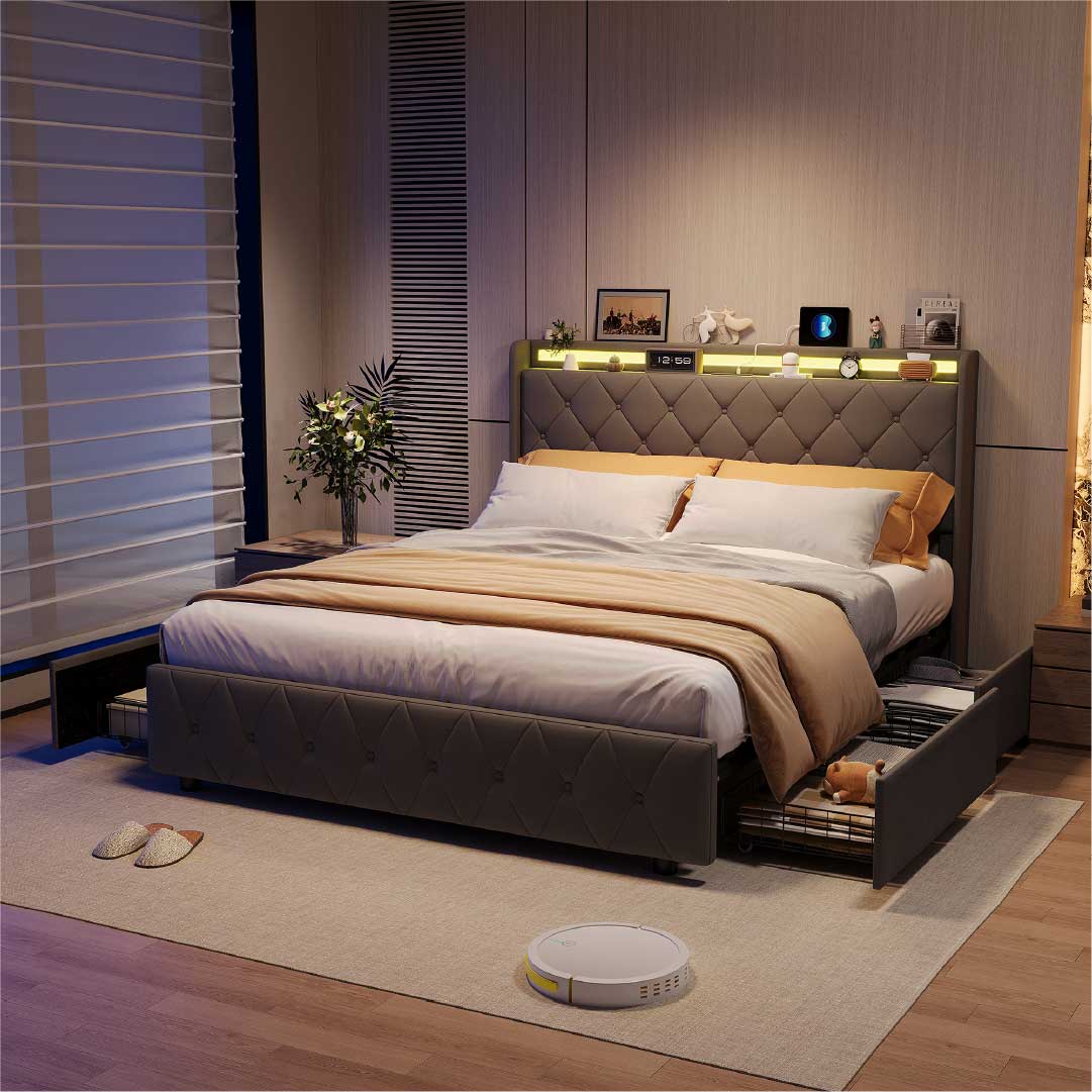 Yelenaro kontinentalsäng med 4 lådor & LED – Säng med USB/USB-C, 90x200 / 140x200 / 160x200