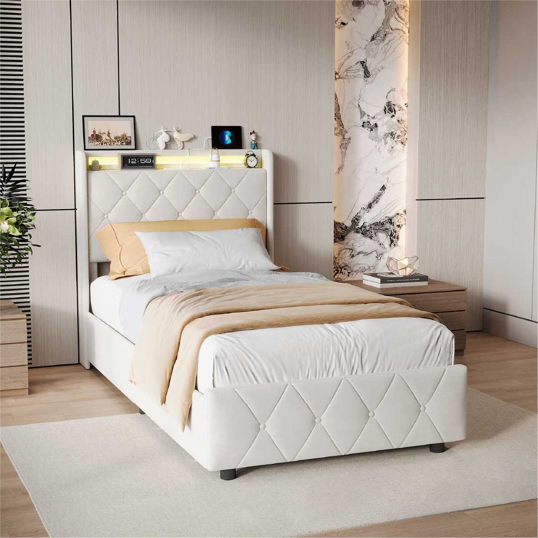 Yelenaro kontinentalsäng med 4 lådor & LED – Säng med USB/USB-C, 90x200 / 140x200 / 160x200