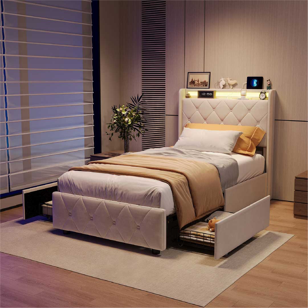 Yelenaro kontinentalsäng med 4 lådor & LED – Säng med USB/USB-C, 90x200 / 140x200 / 160x200