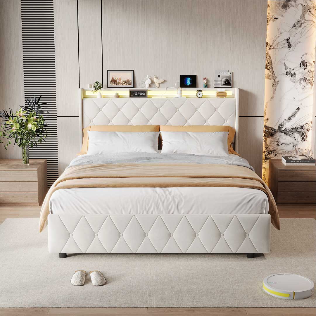 Yelenaro kontinentalsäng med 4 lådor & LED – Säng med USB/USB-C, 90x200 / 140x200 / 160x200