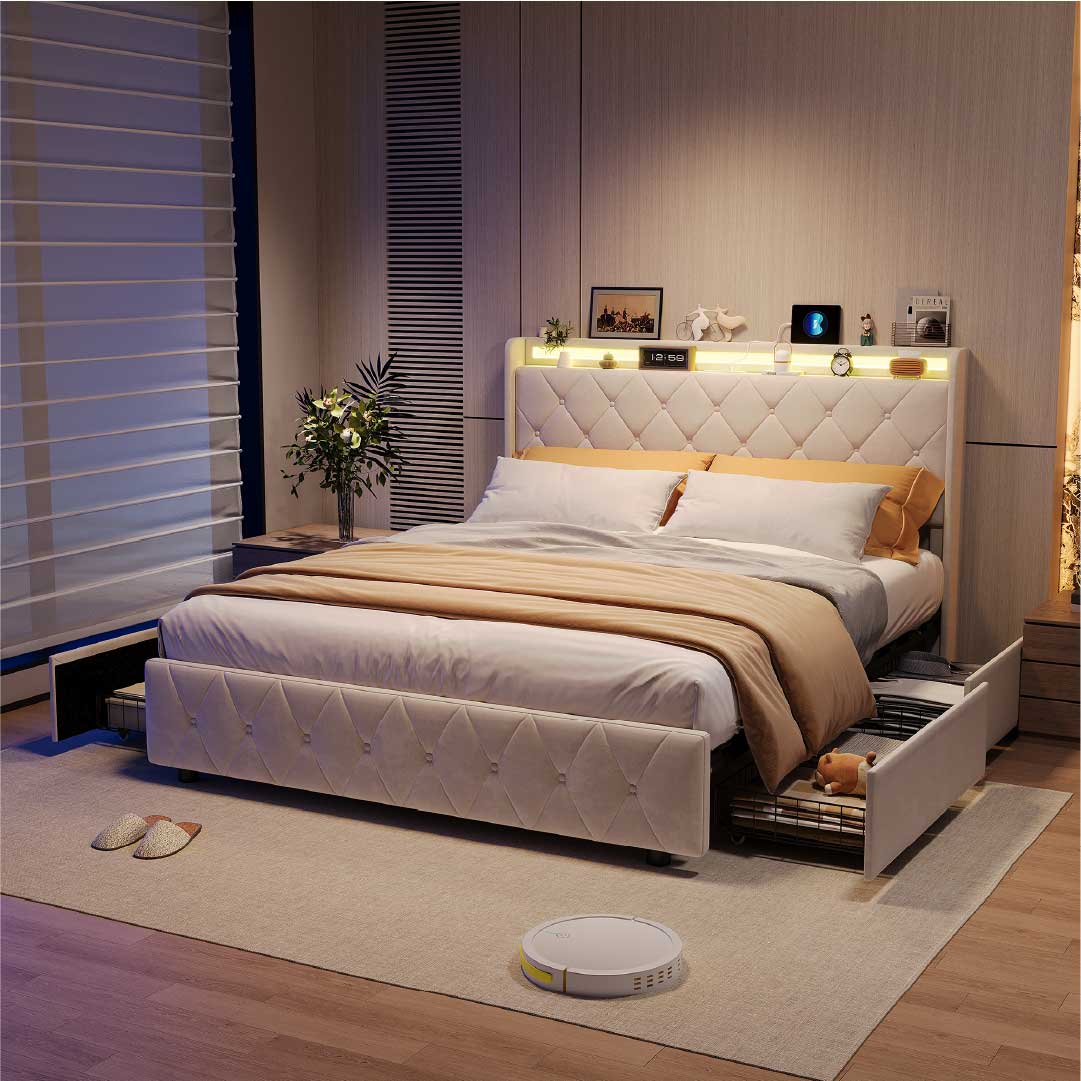 Yelenaro kontinentalsäng med 4 lådor & LED – Säng med USB/USB-C, 90x200 / 140x200 / 160x200