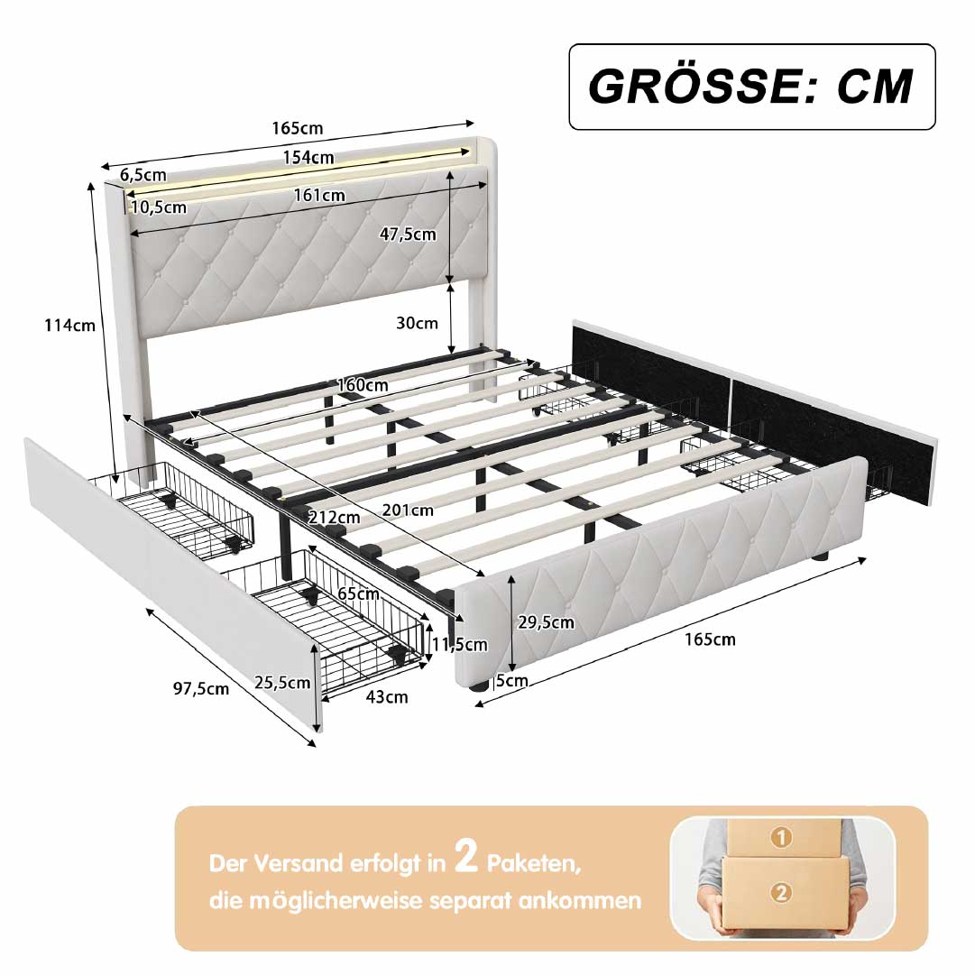 Yelenaro kontinentalsäng med 4 lådor & LED – Säng med USB/USB-C, 90x200 / 140x200 / 160x200
